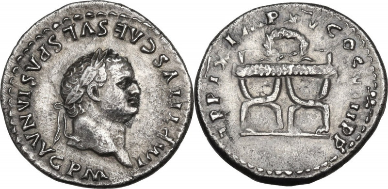 Titus (79-81). AR Denarius. Obv. IMP TITVS CAES VESPASIAN AVG PM. Laureate head ...