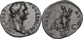 Domitian (81-96). AE As, 84 AD. Obv. IMP CAES D[OMITIAN] AVG GERM COS X. Laureate bust right, wearing aegis. Rev. MONETA AVGV[ST] SC. Moneta standing ...