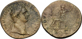 Domitian (81-96). AE Sestertius, 95-96 AD. Obv. IMP CAES DOMIT AVG GERM COS XVII CENS PER PP. Laureate head right. Rev. IOVI VICTORI SC. Jupiter seate...