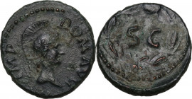 Domitian (81-96). AE Quadrans. Obv. IMP DOM AVG. Helmeted head of Minerva right. Rev. SC in wreath. RIC II 436. AE. 2.33 g. 15.50 mm. Scarce. Dark gre...