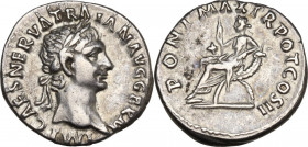 Trajan (98-117). AR Denarius, Rome mint, 98-99 AD. Obv. IMP CAES NERVA TRAIAN AVG GERM. Laureate head right. Rev. PONT MAX TR POT COS II. Abundantia s...
