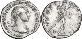 Trajan (98-117). AR Denarius, 112-114 AD. Obv. IMP TRAIANO AVG GER DAC PM TR P COS VI PP. Laureate bust right with slight drapery on far shoulder. Rev...