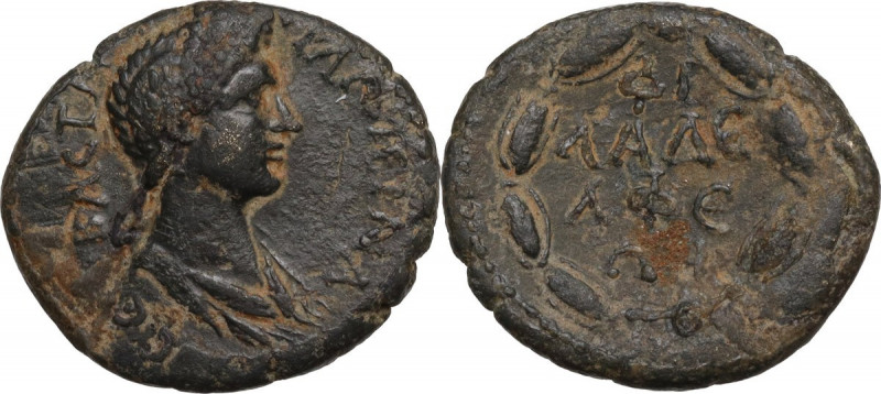 Plotina, wife of Trajan (died 129 AD). AE 20 mm. Philadelphia mint, Lydia. Obv. ...