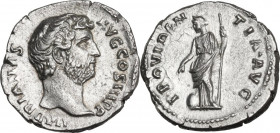 Hadrian (117-138). AR Denarius, 134-138 AD. Obv. HADRIANVS AVG COS III P P. Bare head right. Rev. PROVIDENTIA AVG. Providentia standing facing, head l...
