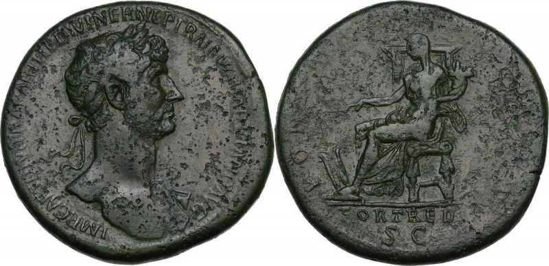 Hadrian (117-138). AE Sestertius, 117 AD. Obv. Laureate bust right, with drapery...