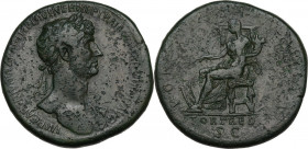 Hadrian (117-138). AE Sestertius, 117 AD. Obv. Laureate bust right, with drapery on far shoulder. Rev. PONT [ ] FORT RED/SC (in exergue). Fortuna seat...