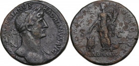 Hadrian (117-138). AE Sestertius, 118 AD. Obv. IMP CAESAR TRAIANVS HADRIANVS AVG. Laureate bust right, slight drapery. Rev. PONT MAX TR POT COS II SC....