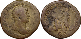 Hadrian (117-138). AE Sestertius. Obv. IMP CAESAR TRAIANVS HADRIANVS AVG [PM TR P COS III] Laureate bust right, with drapery on far shoulder. Rev. RES...