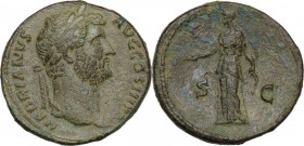 Hadrian (117-138). AE Sestertius, 134-138 AD. Obv. HADRIANVS AVG COS III PP. Laureate head right. Rev. SC. Diana standing left, holding arrow and bow....