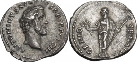 Antoninus Pius (138-161). AR Denarius, 140-143 AD. Obv. ANTONINVS AVG PIVS P P TR P COS III. Bare head right . Rev. GENIO SENATUS. Pius (as Genius), t...