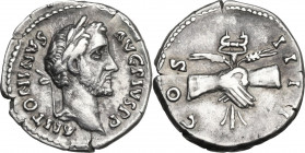 Antoninus Pius (138-161). AR Denarius, 145-161 AD. Obv. ANTONINVS AVG PIVS PP. Laureate head right. Rev. COS IIII. Clasped hands, holding caduceus and...