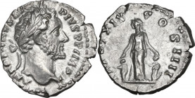 Antoninus Pius (138-161). AR Denarius, 156-157 AD. Obv. ANTONINVS AVG PIVS PP IMP II. Laureate head right. Rev. TR POT XIX COS IIII. Pietas standing f...