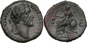 Antoninus Pius (138-161). Sestertius. Obv. ANTONINVS AVG PIVS PP TR P COS IIII. Laureate head right. Rev. SC. Roma helmeted, seated left, holding Vict...