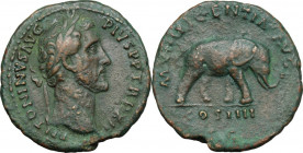 Antoninus Pius (138-161). AE As, 148-149 AD. Obv. ANTONINVS AVG PIVS PP TR P XII. Laureate head right. Rev. MVNIFICENTIA AVG COS IIII (in exergue) SC....