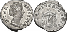 Faustina I, wife of Antoninus Pius (died 141 AD). AR Denarius, after 141 AD. Obv. DIVA FAVSTINA. Draped bust right, hair waved and coiled on top of he...