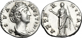 Faustina I, wife of Antoninus Pius (died 141 AD). AR Denarius, after 141 AD. Obv. DIVA FAVSTINA. Draped bust right, hair waved and coiled on top of he...