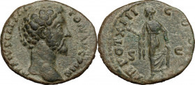 Marcus Aurelius as Caesar (139-161). AE As, 158-159 AD. Obv. AVRELIVS CAES ANTON AVG PII F. Bare head right. Rev. TR POT XIII COS IISC. Spes advancing...