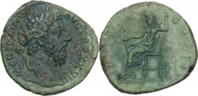 Marcus Aurelius (161-180). AE Sestertius, 174 AD. Obv. M ANTONINVS AVG TR P XXVIII. Laureate bust right. Rev. IMP VII COS III SC. Jupiter seated left,...