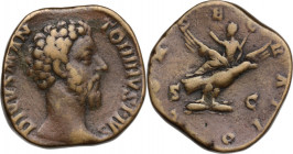 Marcus Aurelius (Divus, died 180 AD). AE Sestertius, struck under Commodus, 180 AD. Obv. DIVVS M ANTONINVS PIVS. Bare head right. Rev. CONSECRATIO / S...
