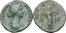 Faustina II, wife of Marcus Aurelius (died 176 AD). AE As, struck under Marcus Aurelius. Obv. FAVSTINA AVGVSTA. Draped bust right, wearing two strings...