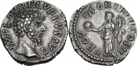 Lucius Verus (161-169). AR Denarius, 161-162 AD. Obv. IMP L VERVS AVG. Bare head right. Rev. PROV DEOR TR P II COS II. Providentia standing left, hold...