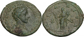 Commodus as Caesar (175-177). AE As, struck under Marcus Aurelius, 176 AD. Obv. COMMODO CAES AVG FIL GERM SARM COS. Draped and cuirassed bust right, h...