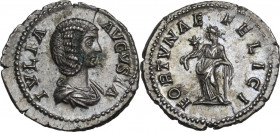 Julia Domna, wife of Septimius Severus (died 217 AD). AR Denarius, 207-211 AD. Obv. IVLIA AVGVSTA, draped bust right. Rev. FORTVNAE FELICI, Fortuna st...