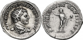 Caracalla (198-217). AR Antoninianus. Obv. ANTONINVS PIVS AVG GERM. Radiate, draped and cuirassed bust right. Rev. PM TR P XVIIII COS IIII PP. Sol sta...