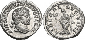 Caracalla (198-217). AR Denarius, Rome mint, 215 AD. Obv. ANTONINVS PIVS AVG GERM. Laureate head right. Rev. LIBERAL AVG VIIII. Liberalitas standing l...