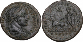 Caracalla (198-217). AE Tetrassarion,198-217 AD. Tomis mint, Moesia Inferior. Obv. [AΥT] K M AΥ ANTΩNINOC. Laureate, draped and cuirassed bust right. ...