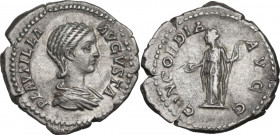 Plautilla, wife of Caracalla (died 212 AD). AR Denarius, struck under Caracalla. Obv. PLAVTILLA AVGVSTA. Draped bust right, hair coiled in ridges and ...