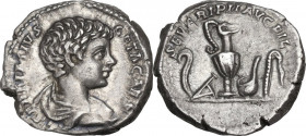 Geta as Caesar (198-212). AR denarius, Laodicea ad Mare mint, 202 AD. Obv. P SEPTIMIVS GETA CAES. Bare headed, draped and cuirassed bust right, seen f...