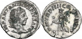 Elagabalus (218-222). AR Denarius, Rome mint. Obv. IMP ANTONINVS PIVS AVG. Laureate, draped and cuirassed bust right. Rev. PM TR P IIII COS III PP. Vi...