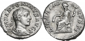 Elagabalus (218-222 AD). AR Denarius, Rome mint. Obv. IMP ANTONINVS AVG. Laureate and draped bust right. Rev. LIBERTAS AVGVSTI. Libertas seated left, ...