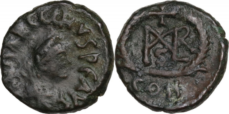 Marcian (450-457). AE 10 mm. Constantinople mint. Obv. DN MARCIANVS PF AVG. Diad...