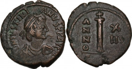 Justinian I (527-565). AE Decanummium, Carthage mint. Dated RY 13 (539/40). Obv. D N IVSTINI-ANVS P F AVG. Diademed, draped, and cuirassed bust right....