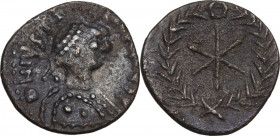Justinian I (527-565). AR Quarter of Siliqua, Ravenna mint, c. 552-565 AD. Obv. DN IVSTI[...]. Diademed bust right, wearing robe ornamented by row of ...