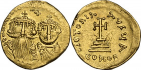 Constans II (641-668). AV Solidus, Constantinople mint. Obv. Facing busts of Constans, with long beard, and Constantine IV, beardless, each wearing cr...