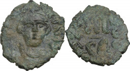 Constans II (641-668). AE Follis, 642-643, Syracuse mint. Obv. Crowned and draped facing bust, holding globus cruciger. Rev. Large m between A/N/A and...