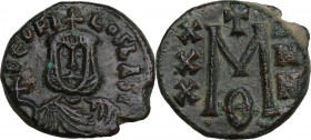 Theophilus (829-842). AE Follis, Syracuse mint. Obv. ΘEOFI LOS bASI. Bust facing, wearing crown and chlamys, and holding globus cruciger. Rev. Large M...