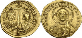 Constantine VII Porphyrogenitus with Romanus II (945-959 AD). AV Solidus, Constantinople mint, 959-963 AD. Obv. +IhS XPS REX REGNANTIЧM. Facing bust o...