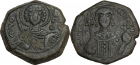Manuel I, Comnenus (1143-1180). AE Tetarteron. Thessalonica mint, c. 1152 AD. Obv. Facing bust of St. George, nimbate and beardless, holding spear and...