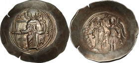 Isaac II, Angelus (1185-1195). EL Aspron Trachy, Constantinople mint. Obv. MP-ΘV across upper field. The Theotokos enthroned facing, holding head of t...