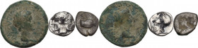 Greek World. Multiple lot of three (3) unclassified coins: 2 AR fractionals and 1 AE coin. AR/AE.