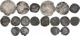 Lotto di nove (9) monete di ambito Toscano. Nel gruppo un grosso aquilino per Pisa e una cervia per Massa di Lunigiana. AG, MI.