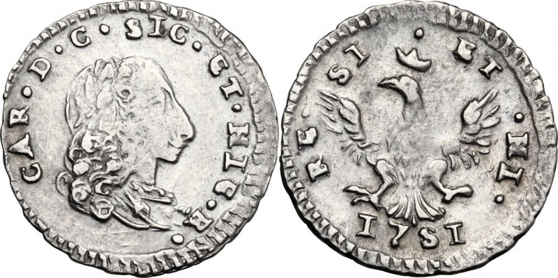 Palermo. Carlo di Borbone (1734-1759). Mezzo Tarì 1751. Sp. 140; MIR (Sicilia) 5...