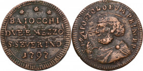 San Severino. Pio VI (1775-1799), Giovanni Angelo Braschi. Sampietrino da 2 e mezzo baiocchi 1797. CNI 18; M. 406a; Berm. 3142. AE. 14.80 g. 30.00 mm....