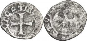Savona. Repubblica (1350-1396). Denaro piccolo o obolo. CNI 18; MIR (Piem. Sard. Lig. Cors.) 530/2; Giuria p. 66. MI. 0.39 g. 12.50 mm. RR. qBB/BB.