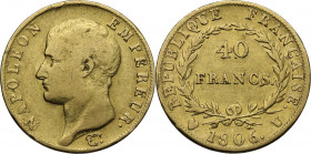 Torino. Napoleone I (1805-1814) Imperatore di Francia e Re d'Italia. 40 franchi 1806. Pag. 12; Mont. 17. AU. 26.00 mm. R. qBB.