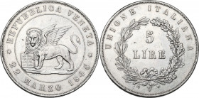 Venezia. Governo Provvisorio (1848-1849). 5 Lire 1848. Pag. 177; Mont. 90. AG. 24.94 g. 37.50 mm. NC. Lievissimi segnetti nel campo. qSPL.